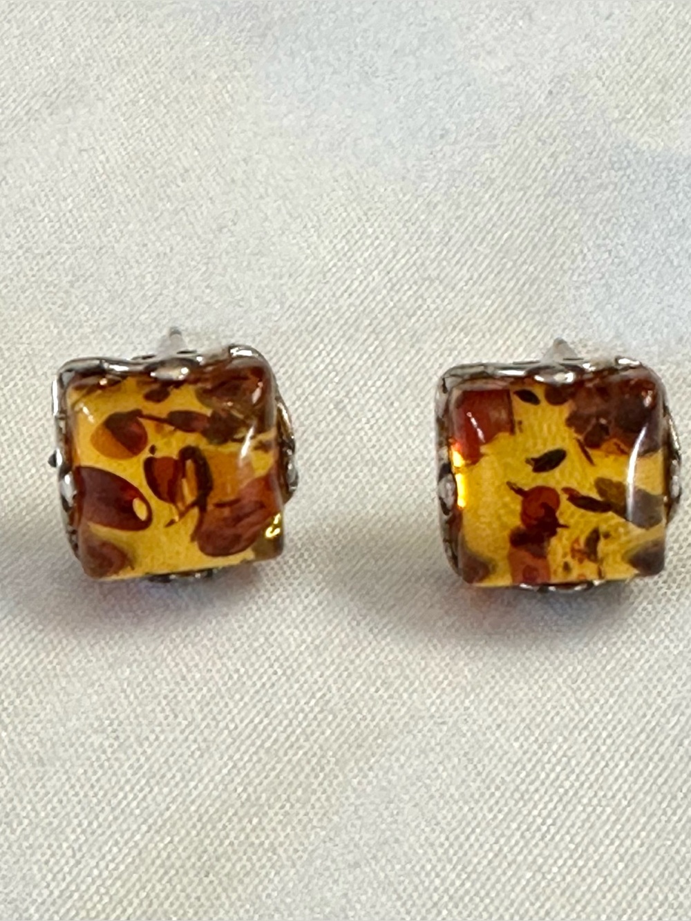 Baltic Amber Cube Stud Earrings Honey Cognac Silver Tone